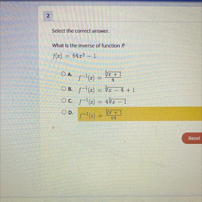 What is the inverse of function ? f(x)= 64x^3 - 1-example-1