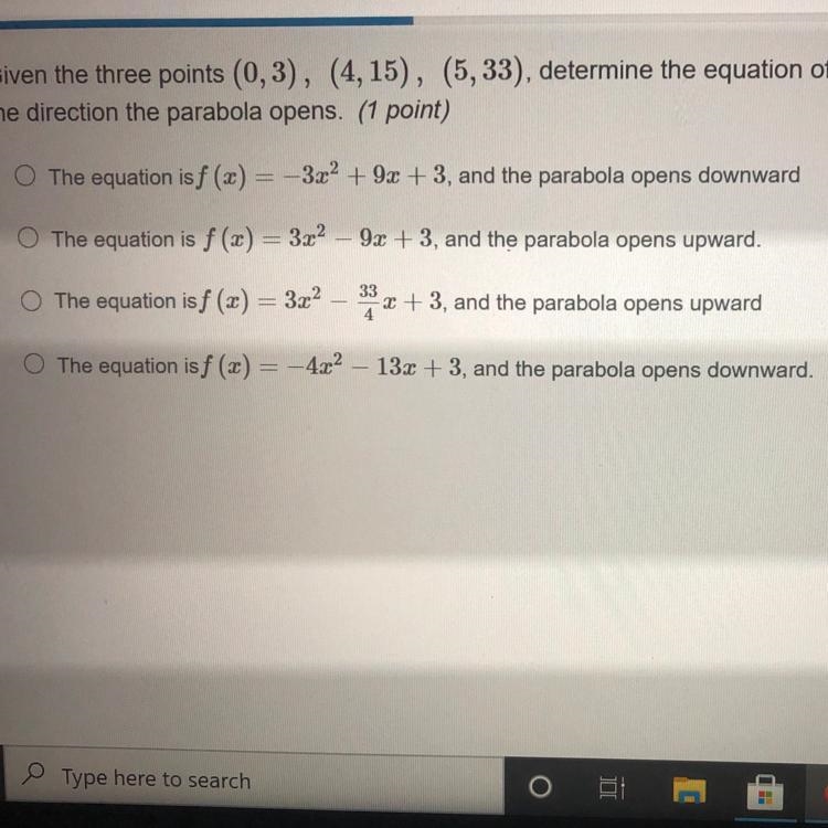 given the three points (0,3), (4,15), (5,33), determine the equation of the parabola-example-1