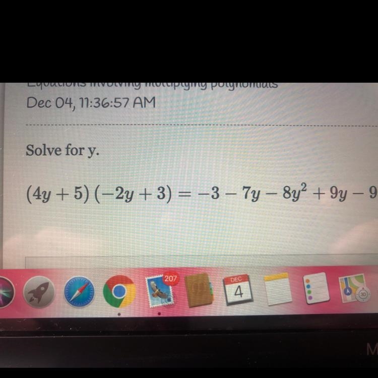 Solve for y. (4y + 5) (-2y + 3) = -3-7y - 8y2 +9y - 9-example-1