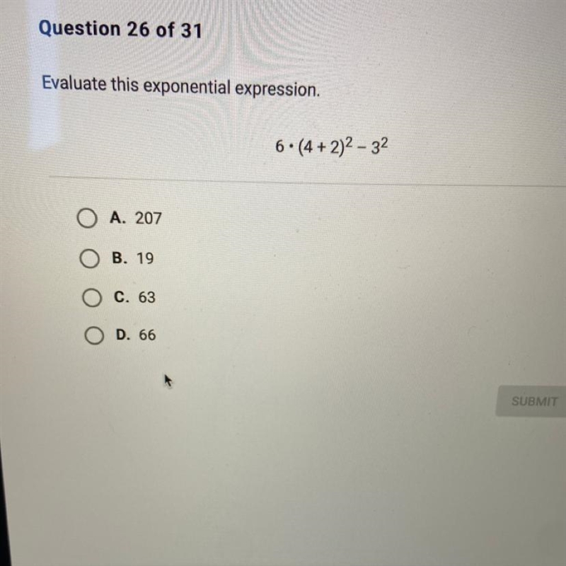 Evaluate this exponential expression. 6.(4 + 2)2 - 32-example-1