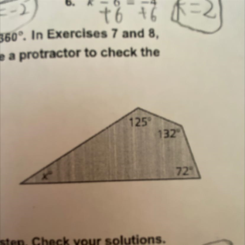 The sum of the angle measures of a quadrilateral is 360°. write and solve an equation-example-1