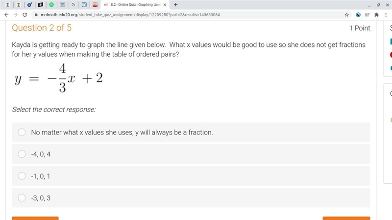 What x values would be good to use so she does not get fractions for her y values-example-1