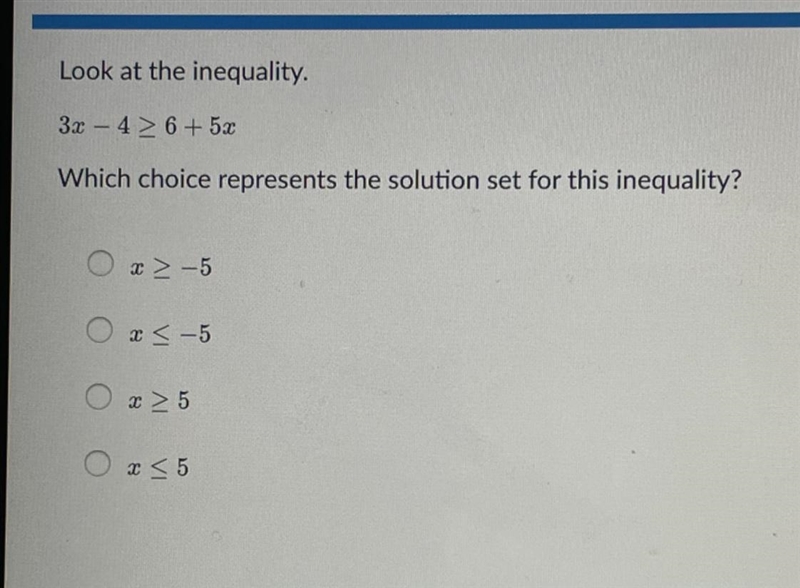 Look at the inequality. 3x-4> 6+5x _ Which choice represents the solution set for-example-1