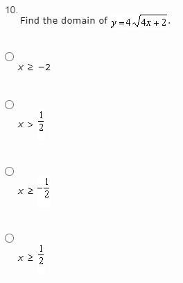 Find the domain of y = 4 square root 4x + 2-example-1