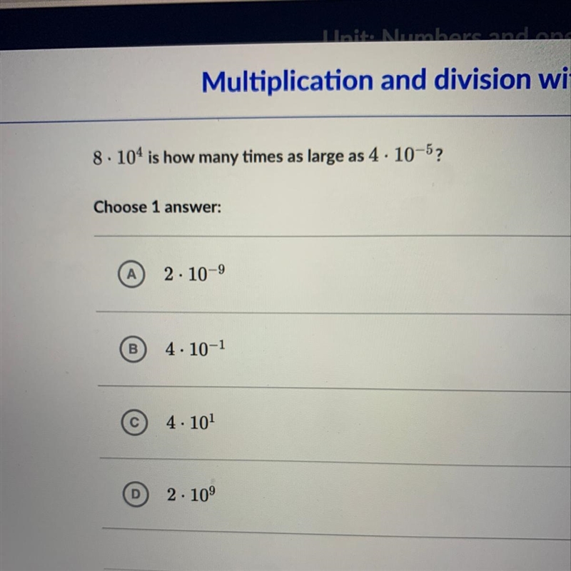 8*10^4 is how many times as large as large as 4*10^-5-example-1