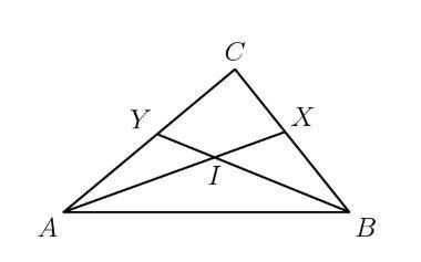 Angle bisectors AX and of triangle ABC meet at point I. Find angle C in degrees, if-example-1