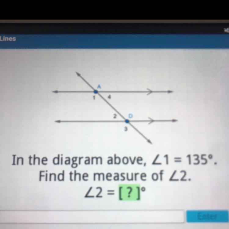 In the diagram above <1=135 find the measure of <2-example-1