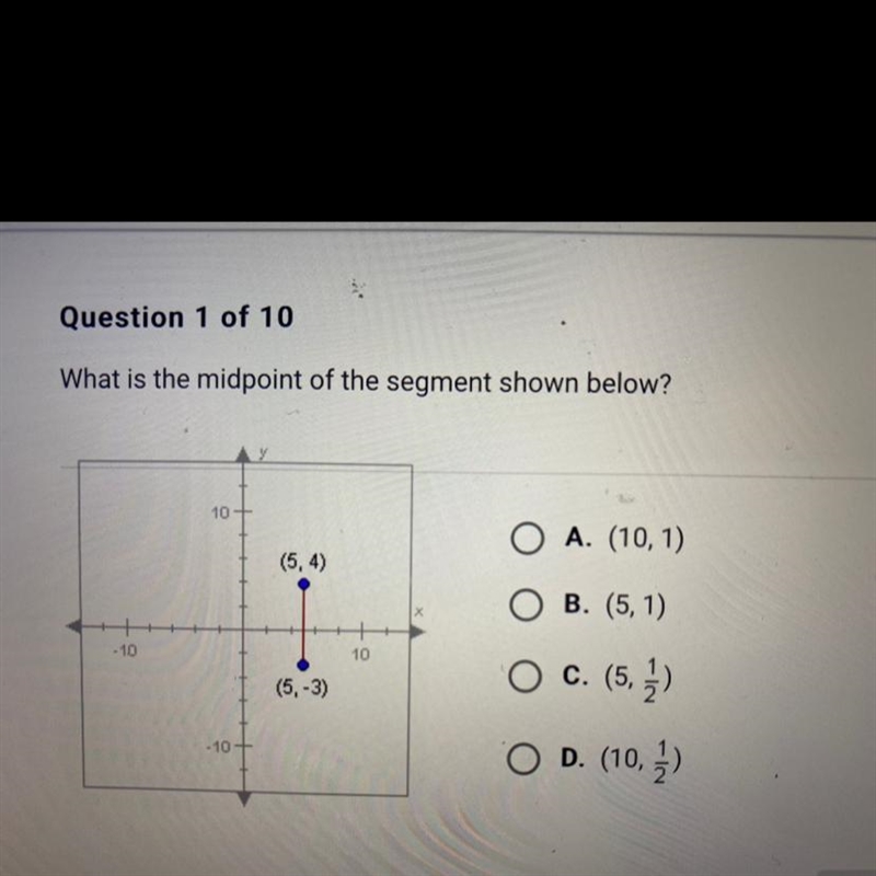 What is the midpoint of the segment shown below? 10 A. (10,1) B.(5,1) c.(5,1/2) d-example-1