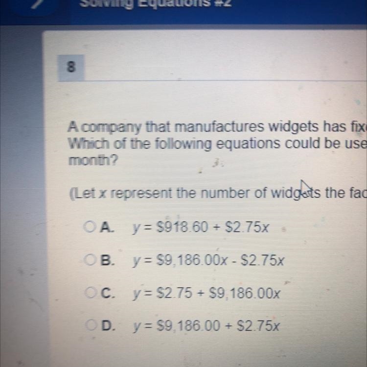 A company that manufactures widgets has fixed cost of $9,186.00 each month and a cost-example-1