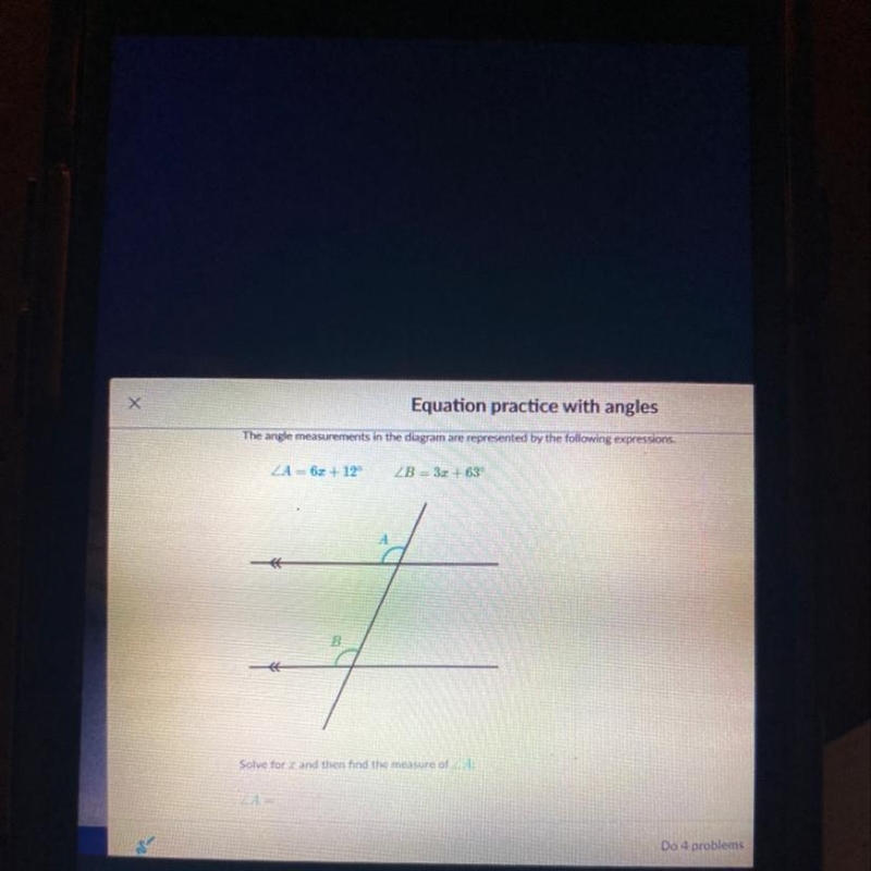 Solve for x and then find the measure of A-example-1