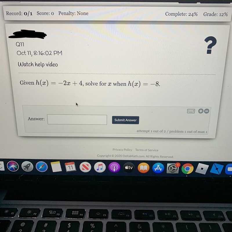 Pls I need help Given h(x) = -2x + 4, solve for a when h(2) = - - 8.-example-1