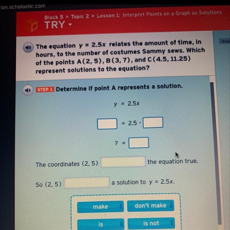 The equation y = 2.5x relates the amount of time, in hours, to the number of costumes-example-1