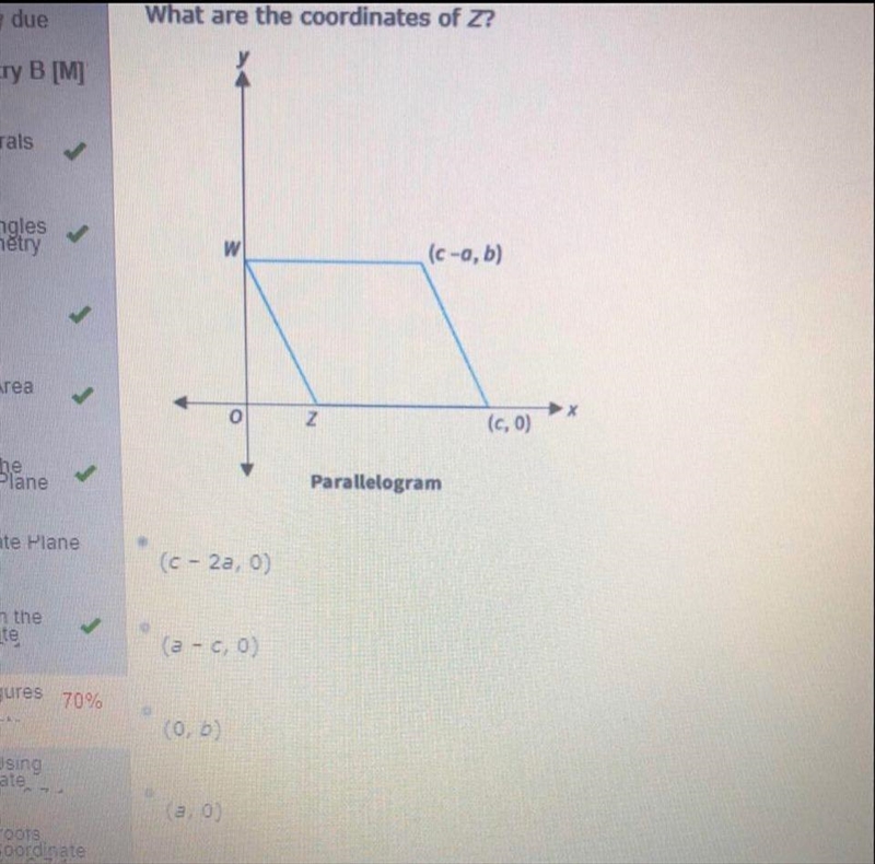 What are the coordinates of Z? A: (c – 2a, 0) B: (a – c, 0) C: (0, b) D: (a, 0)-example-1