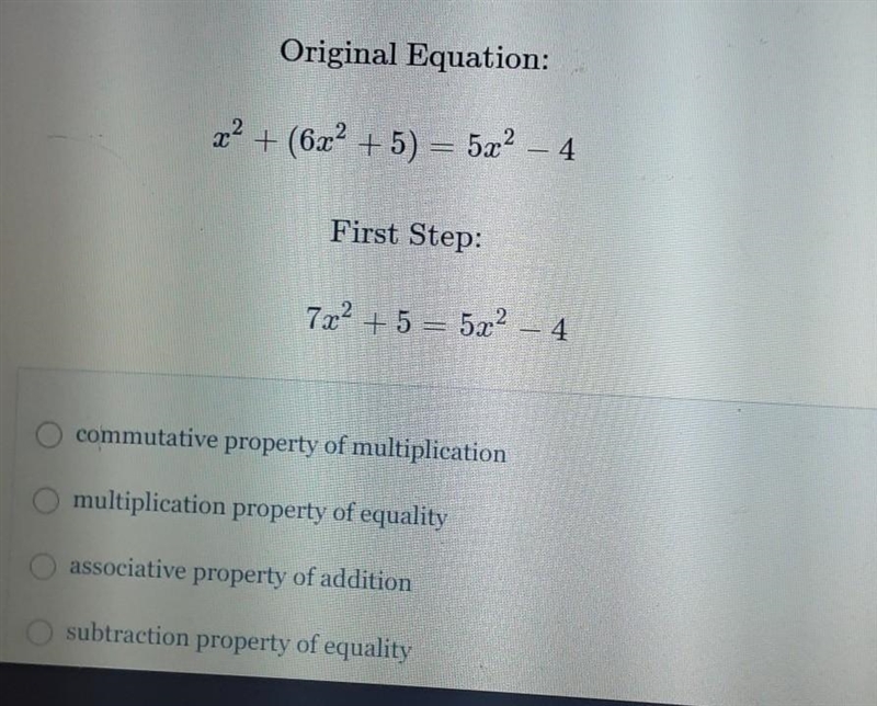 When solving an equation, Gabrielle's first step is shown below. Which property justifies-example-1