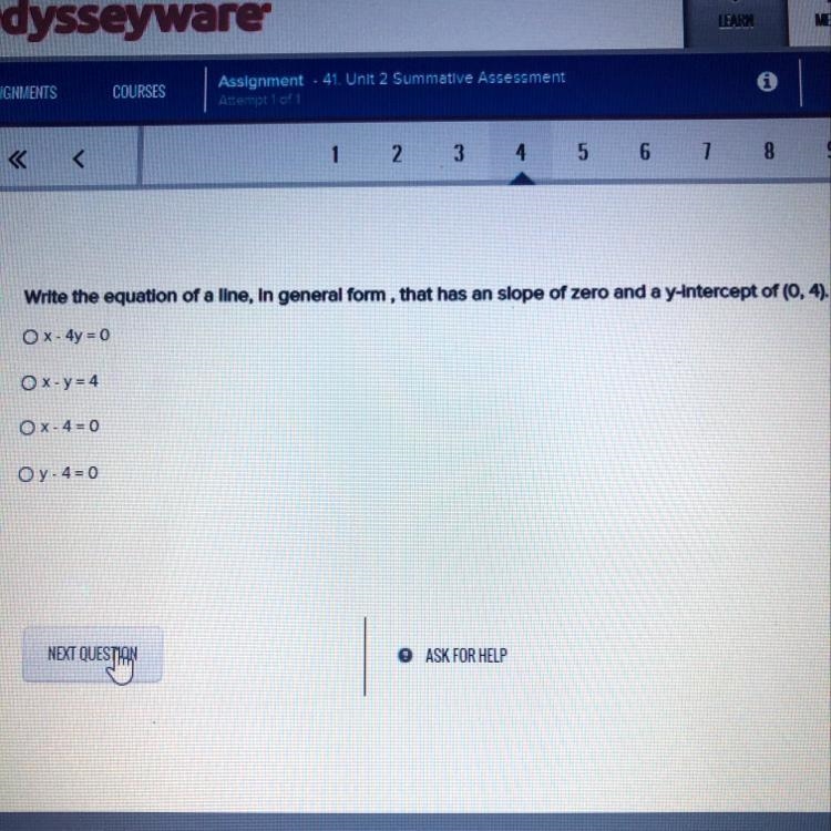 Write the equation of a line, in general form, that has an slope of zero and a y-intercept-example-1