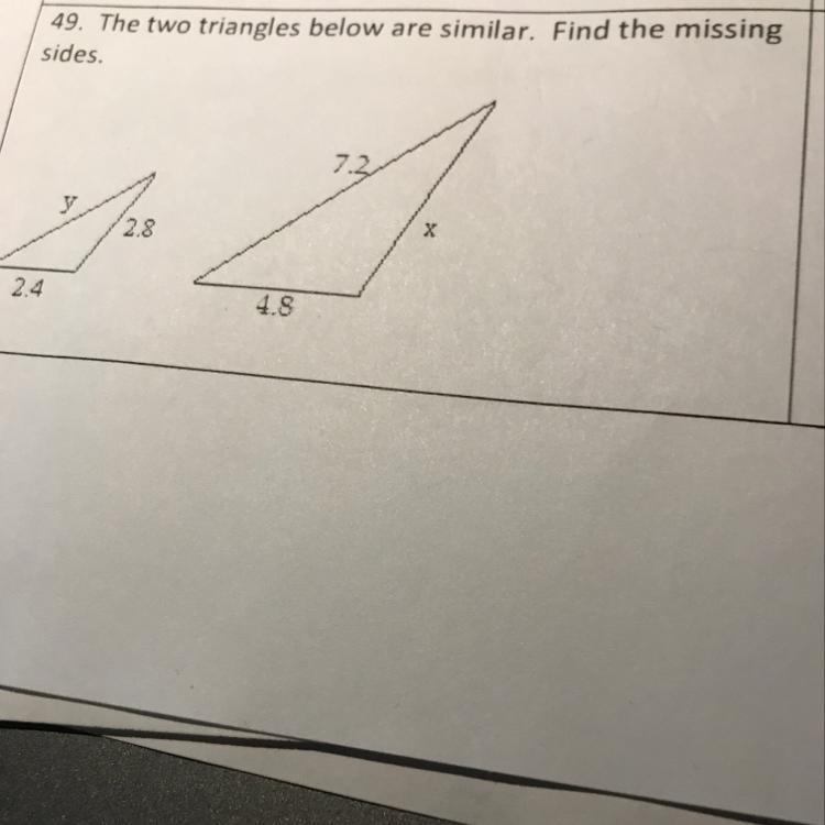 The two triangles below are similar. Find the missing sides-example-1