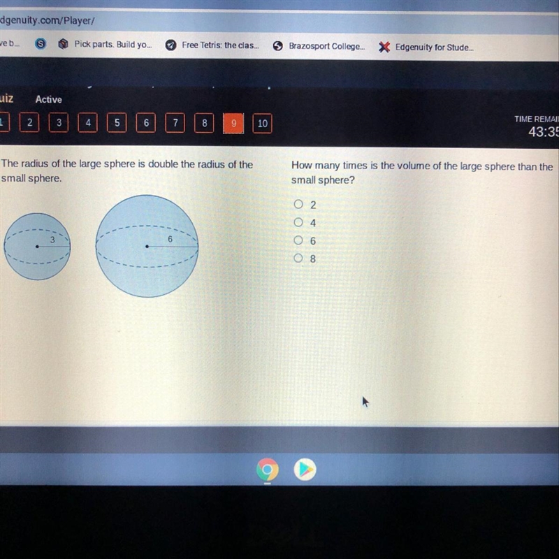 The radius of the large sphere is double the radius of the small sphere. How many-example-1