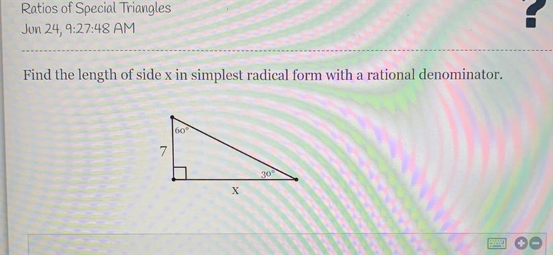 Find the length of side x in simplest radical form with a rational denominator-example-1