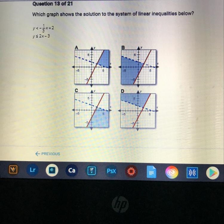 Which graph shows the solution to the system of linear inequalities below?-example-1