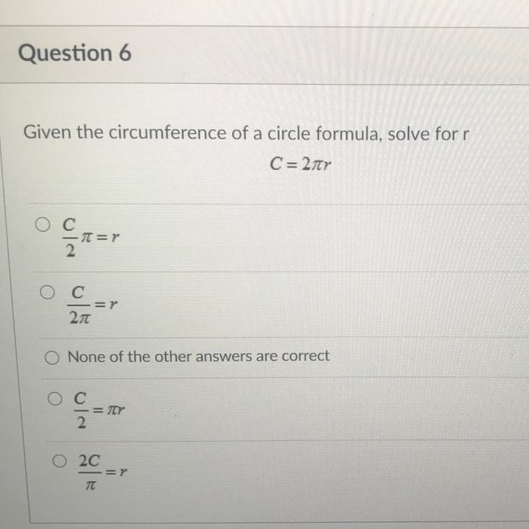 Given the circumference of a circle formula, solve for r Please answer!-example-1