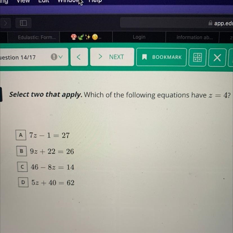 Select 2 that apply.. which equations have z=4?-example-1