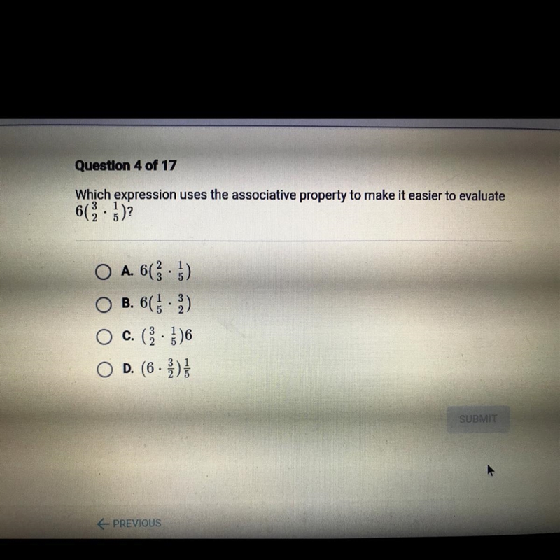 Which expression uses the associative property to make it easier to evaluate 6(3/2x-example-1