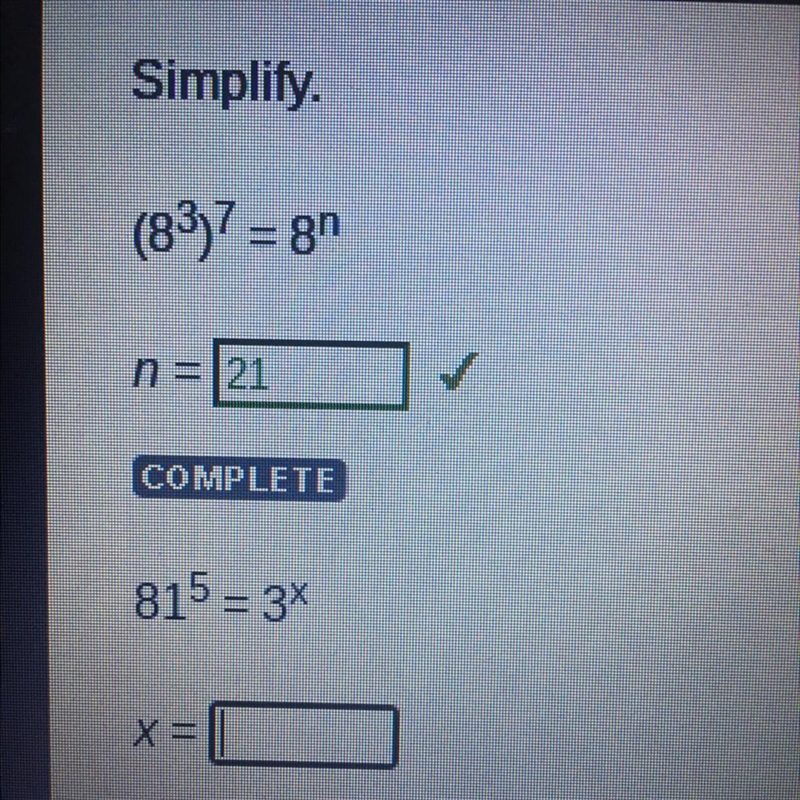 Simplify 81^5 = 3^х x=-example-1