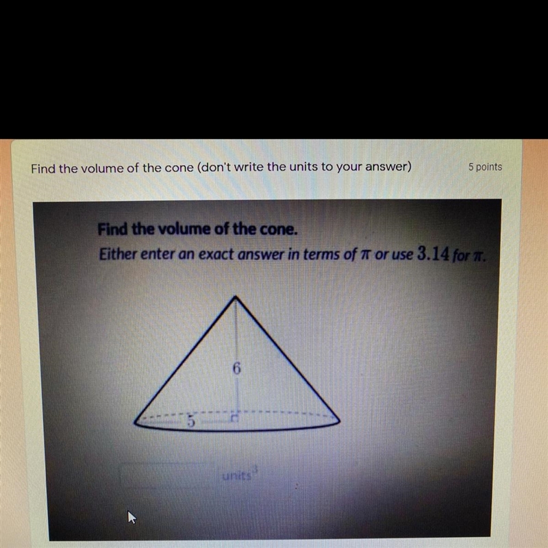 Find the volume of the cone (using the picture above)-example-1