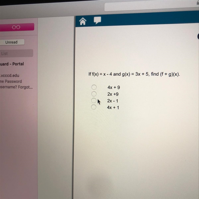 Need to know if f(x)=x-4 and g(x)=3x+5, find (f+g) (x)-example-1