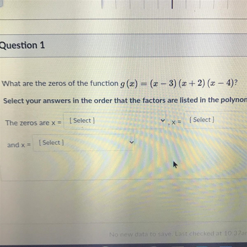 What are the zeros of the function g(x) = (x – 3) (x + 2) (x – 4)?-example-1