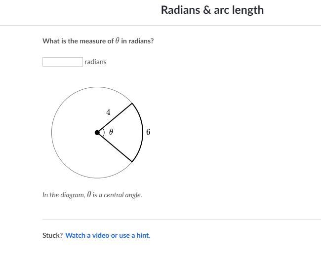 What is the measure of 0 in radians? In the diagram, 0 is a central angle.-example-1