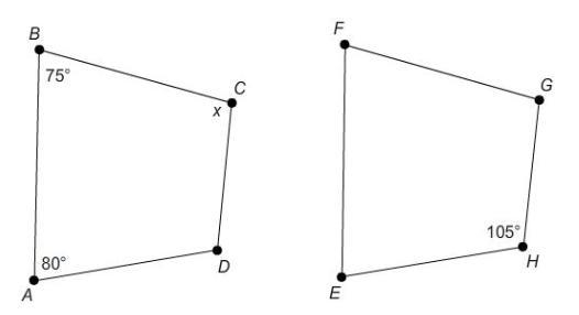 Given quadrilateral ABCD≅quadrilateral EFGH, what is the value of x? A. x = 75° B-example-1