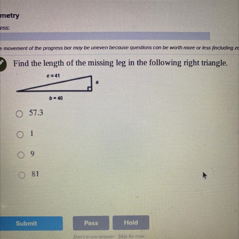 Find the length of the missing leg in the following triangle-example-1