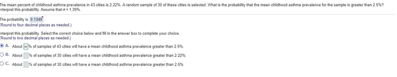 The mean percent of childhood asthma prevalence in 43 cities is 2.22​% . A random-example-1