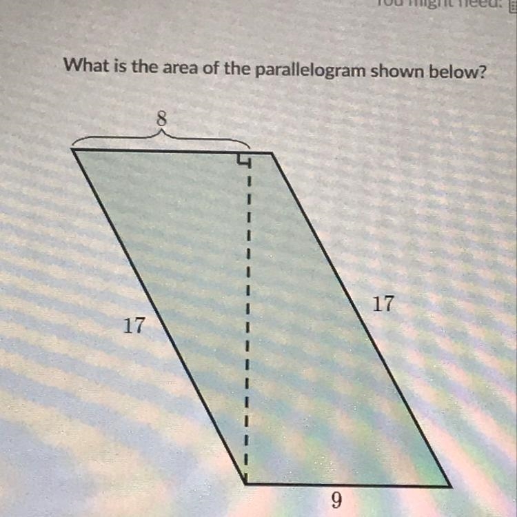 What is the area of the parallelogram shown below? answer fast please! thanks-example-1