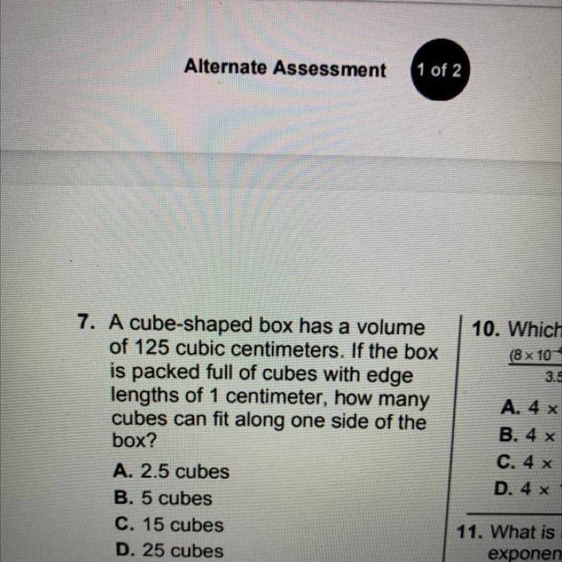 A cube-shaped box has a volume of 125 cubic centimeters. If the box is packed full-example-1