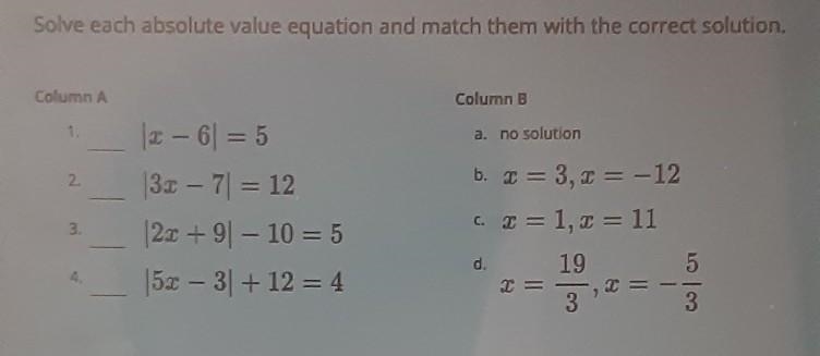 Solve each absolute value equation and match them with the correct solution.​-example-1