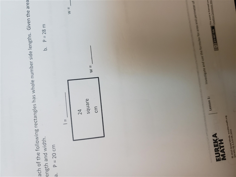 Given the area and perimeter find the length and width-example-1