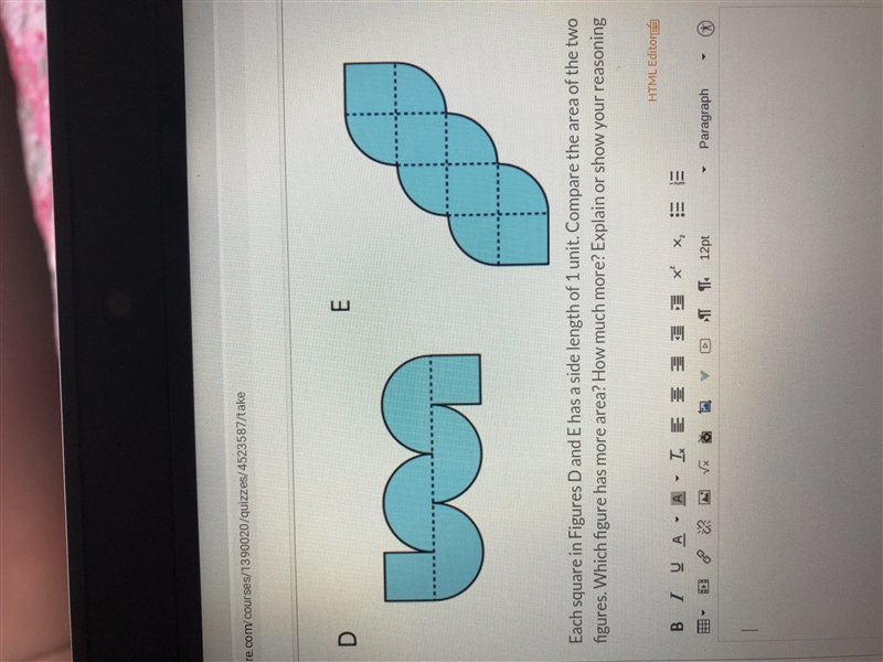 Each square and figure DNE has a side length of one unit compare the area of the two-example-1