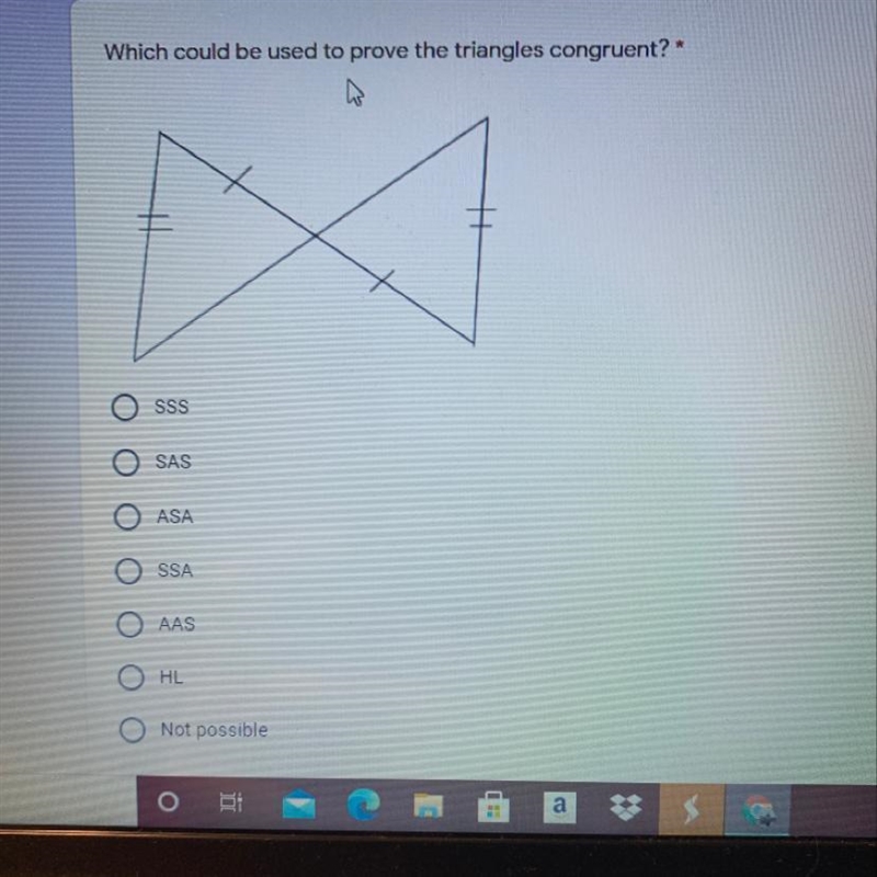 Which could be used to prove the triangles congruent? * 1 point SSS SAS Ο Ο Ο Ο Ο ASA-example-1