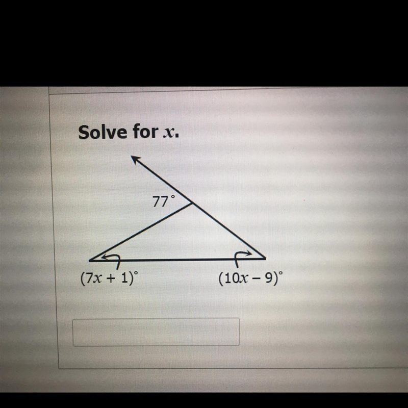 Solve for x. 77° (7x + 1) (10x – 9)-example-1