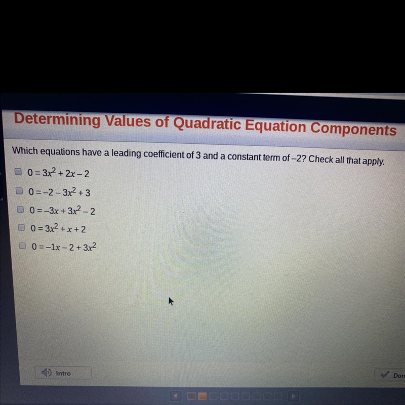 Which equations have a leading coefficient of 3 and a constant term of -2?-example-1