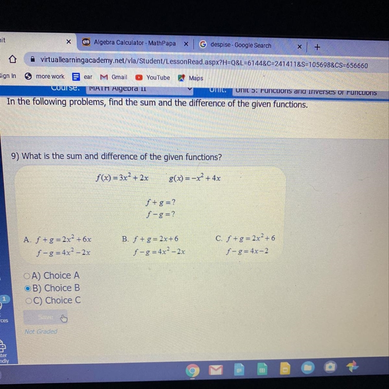 9) What is the sum and difference of the given functions? f(x) = 3x2 + 2x g(x)=-x-example-1