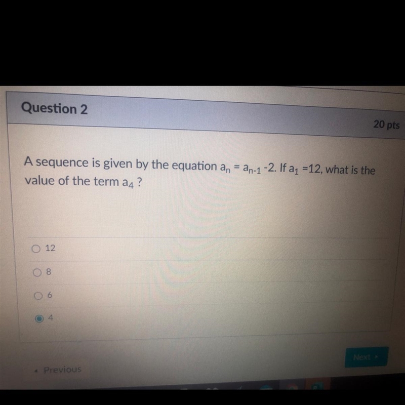 A sequence is given by the equation a, = an 1-2. If a1 =12, what is the value of the-example-1