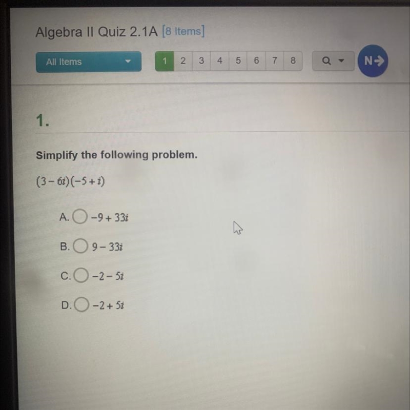 Simplify (3-6i) (-5+ i)-example-1