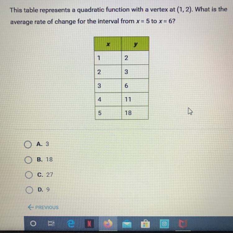 This table represents a quadratic function with a vertex at (1, 2). What is the average-example-1