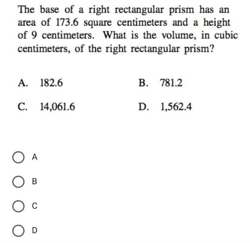 The base of a right rectangular prism has an area of 173.6 square centimeters and-example-1