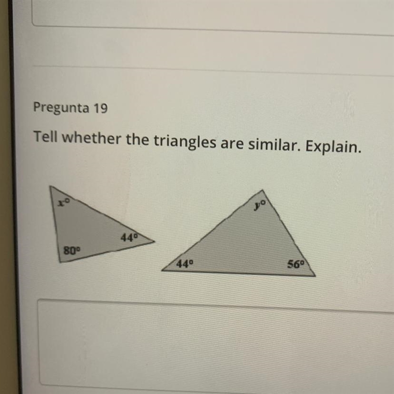 Tell whether the triangles are similar. Explain. 440 80° 440 56°-example-1