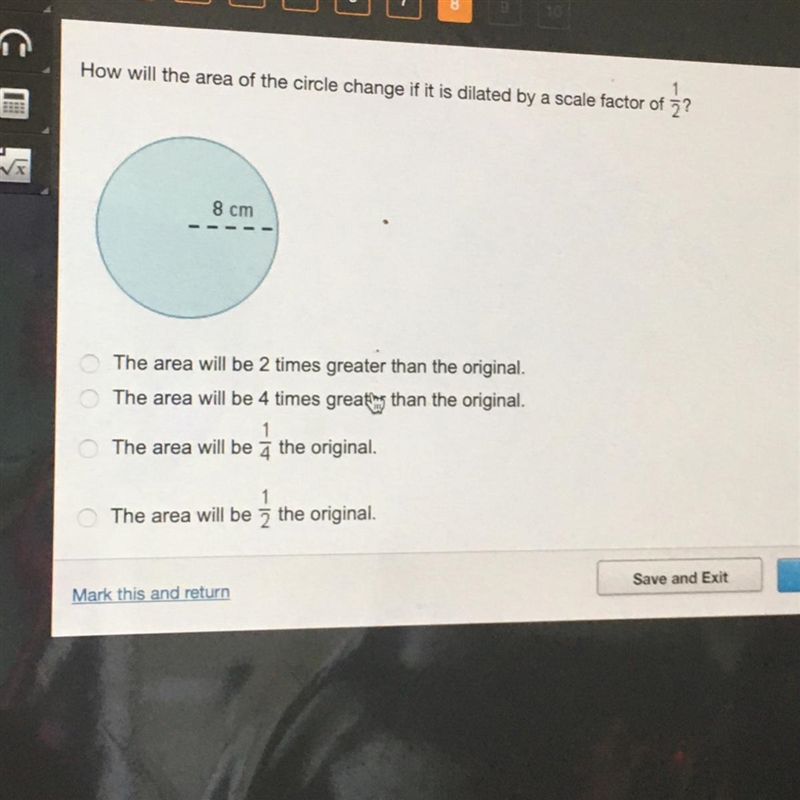 How will the area of the circle change if it is dilated by a scale factor of 3? 8 cm-example-1