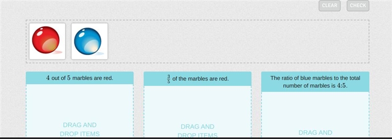 Each container below describes a ratio of marbles. Drag marbles to each container-example-1